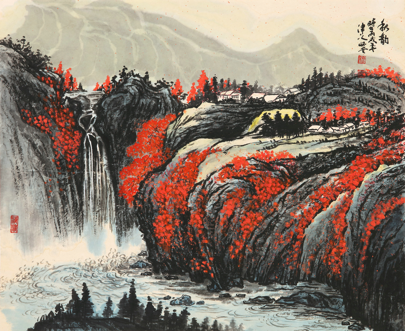 棚田 山水河 75cm 水墨風景画 里山風景 故郷 農村 北陸地方 日本の原