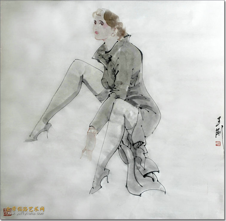 王刚女性水墨人物作品欣赏【金带福路艺术网】69夏荫伊影惹醉人