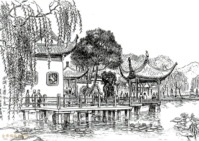 西湖十景手绘素描图片